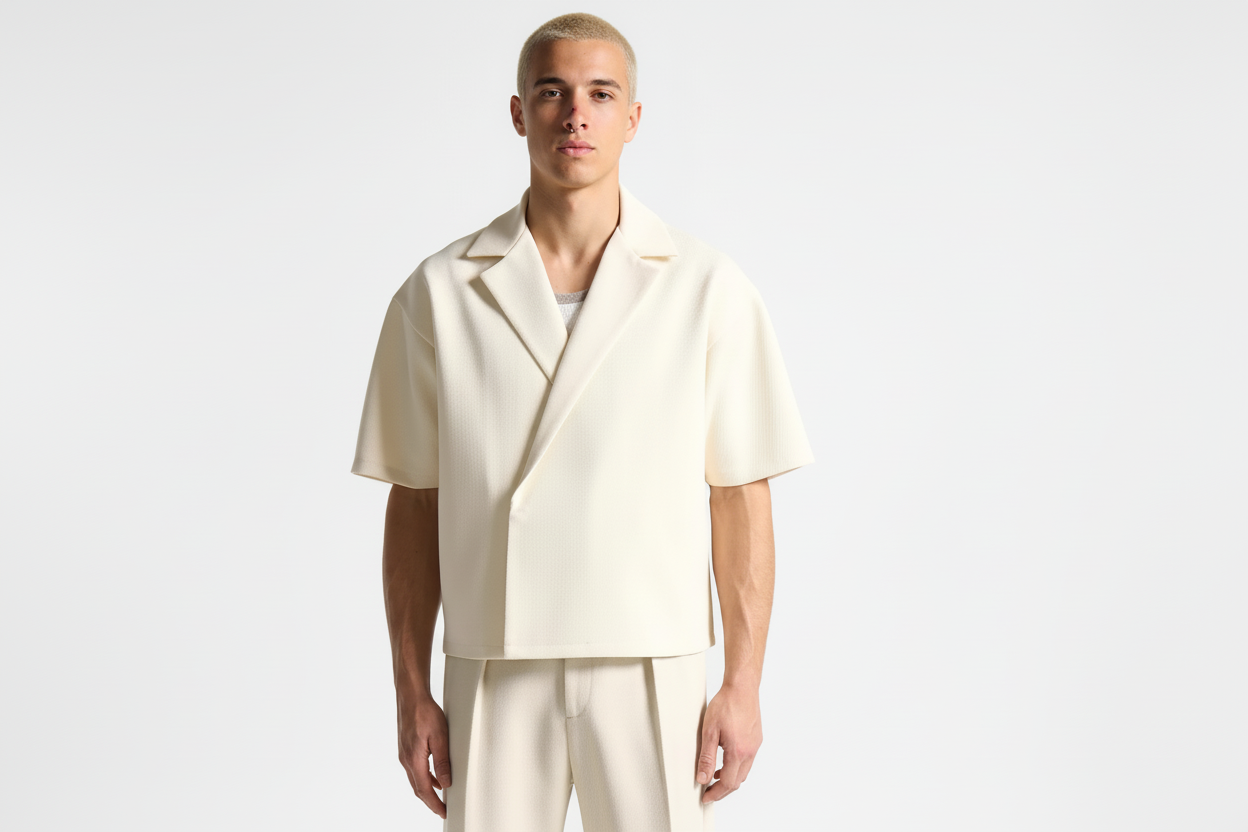 Man wearing a cream-colored short-sleeve jacket and pants on a white background