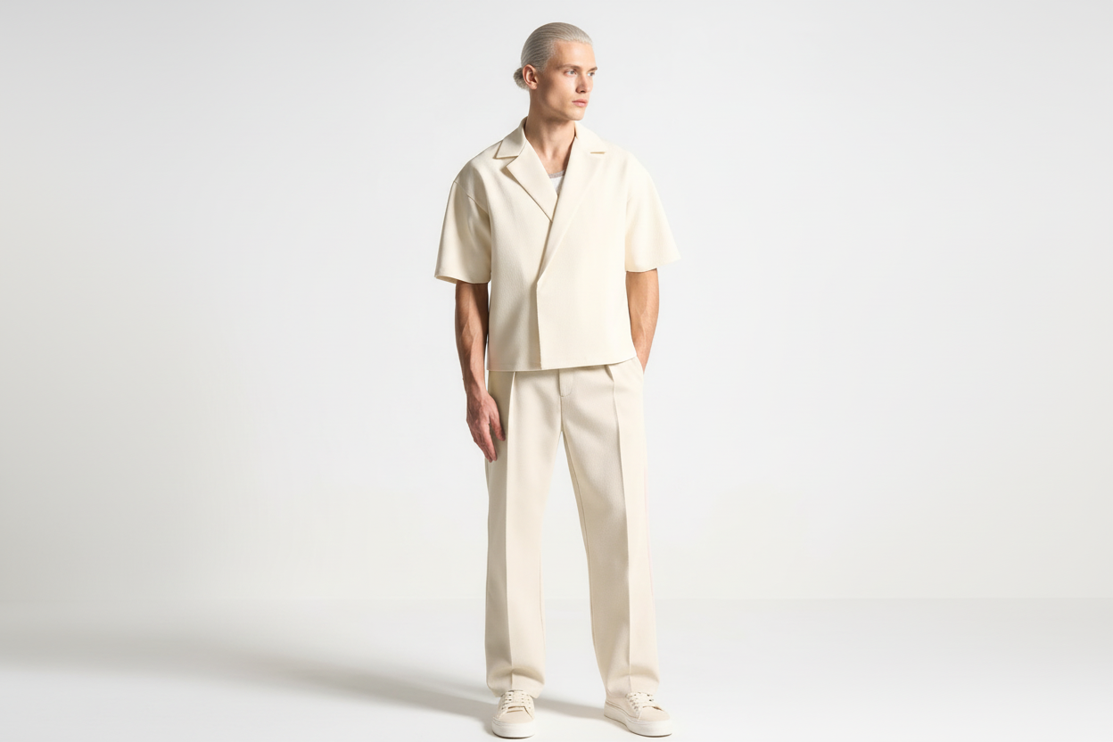 Person wearing a beige outfit with a matching cap on a white background