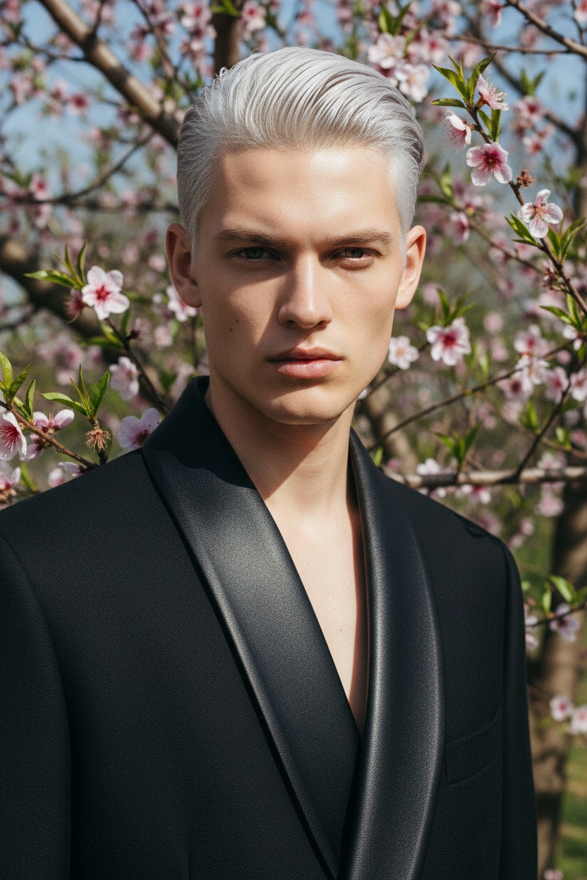 Man with platinum blonde hair wearing a black suit in front of cherry blossom trees.