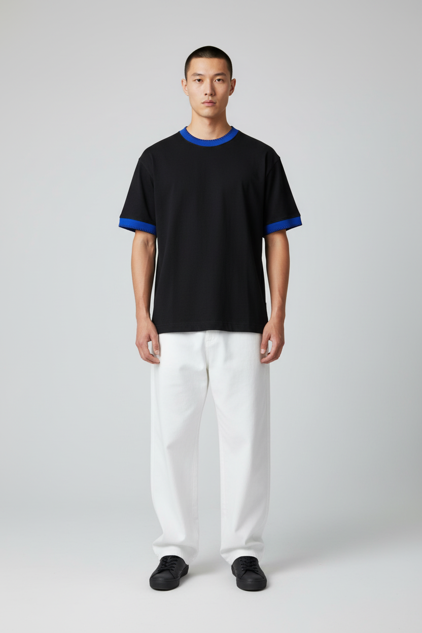 تيشيرت اسود بتفاصيل ازرق- كلوب ناينتي