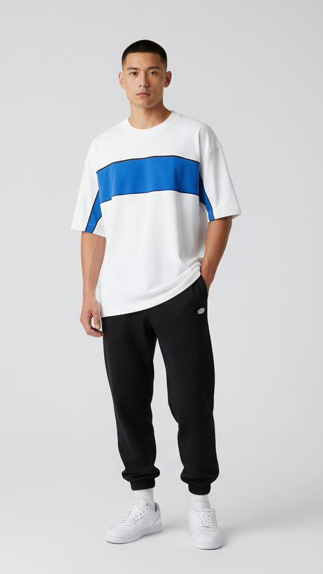 Person wearing a white and blue striped shirt with white pants on a plain background