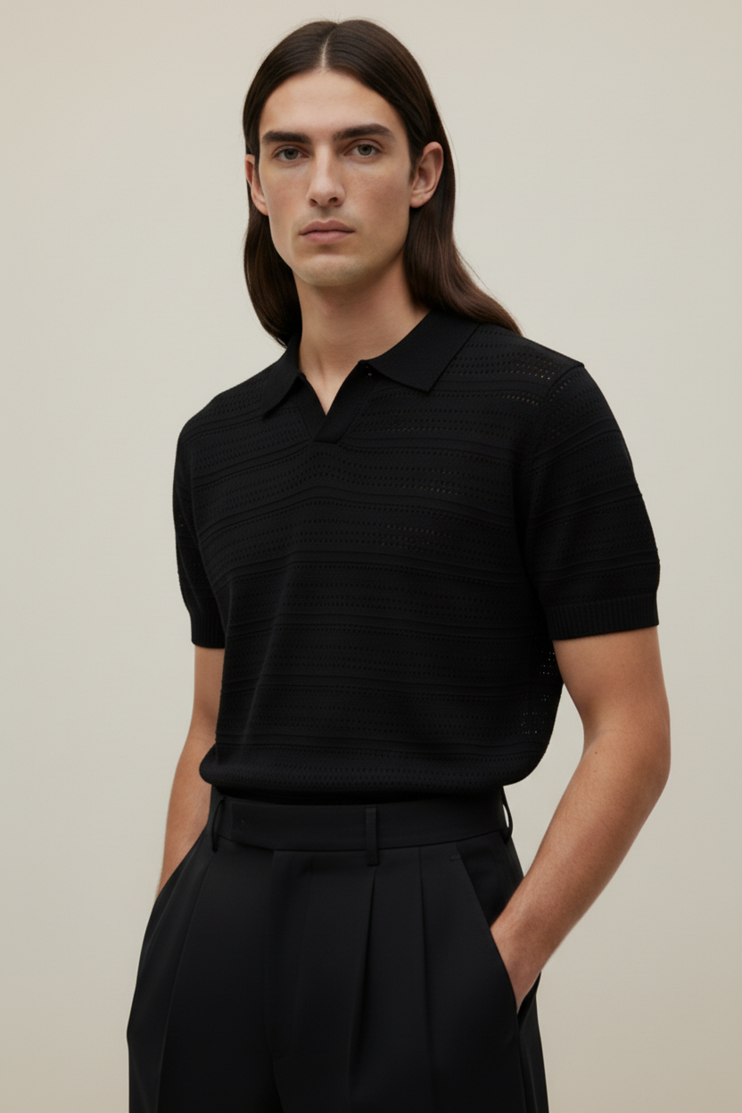 قميص بولو محبوك من كلوب ناينتي باللون الأسود والأبيض والبني 