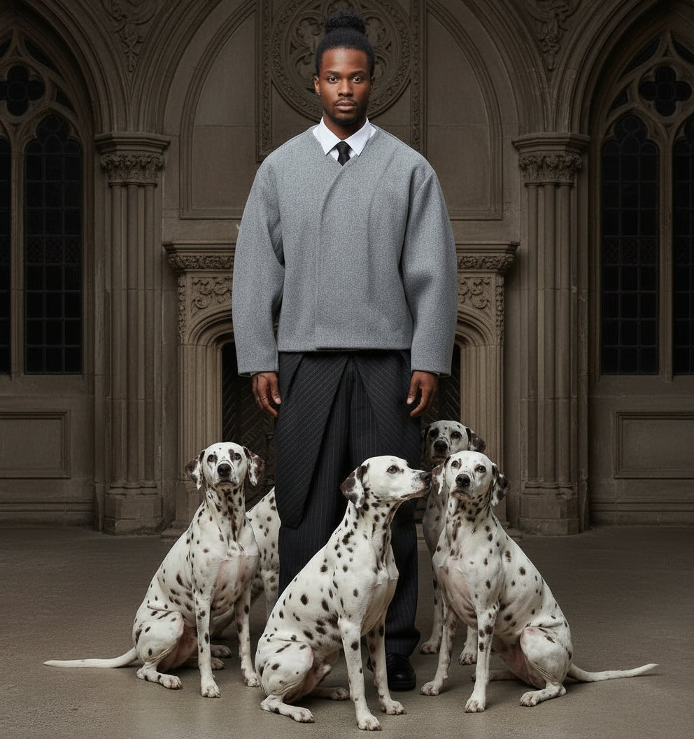 Man in a gray sweater standing with four Dalmatian dogs against a red curtain background