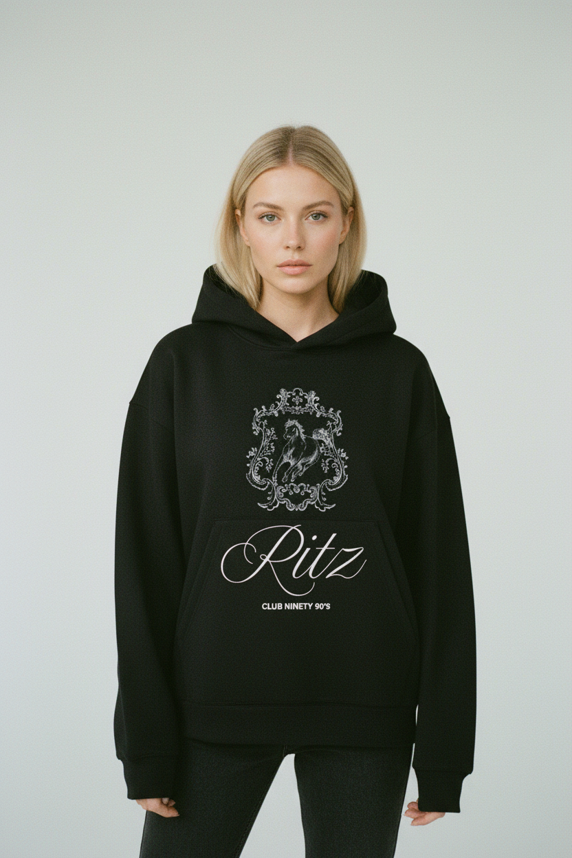 Black hoodie with 'Ritz' logo on a light gray background