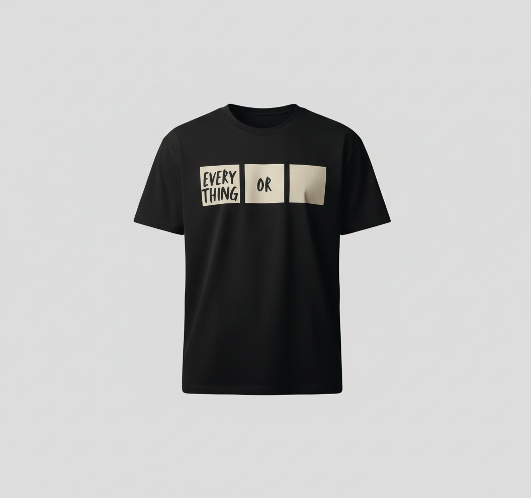 Person wearing a black t-shirt with text in a library setting